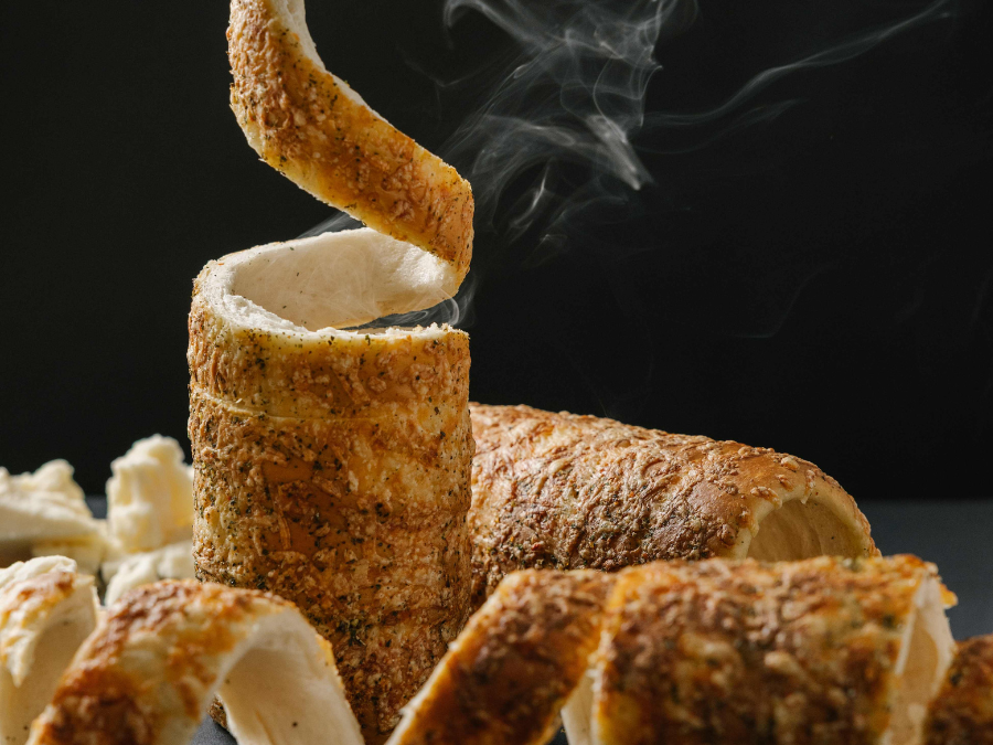 Budapest Bakeshop famous savory chimney sandwich, Aged Cheddar Chimney Cake, Budapest Bakeshop Catering